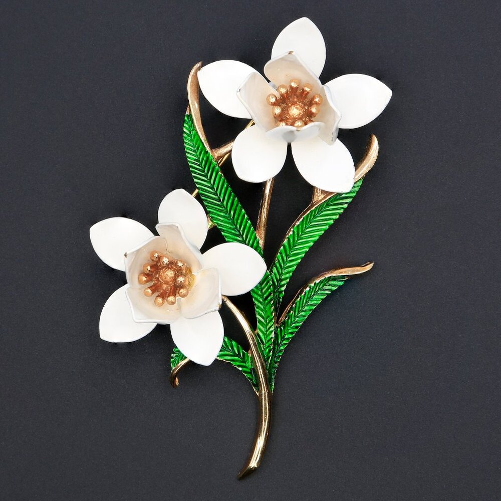 Vintage Crown Trifari Gold Plated Enamel Flowers and Leaves Brooch 1950s